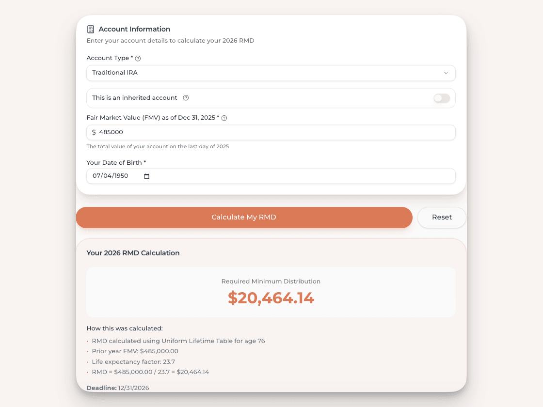 SimpleRMD calculator showing a required minimum distribution result for a 401(k) account