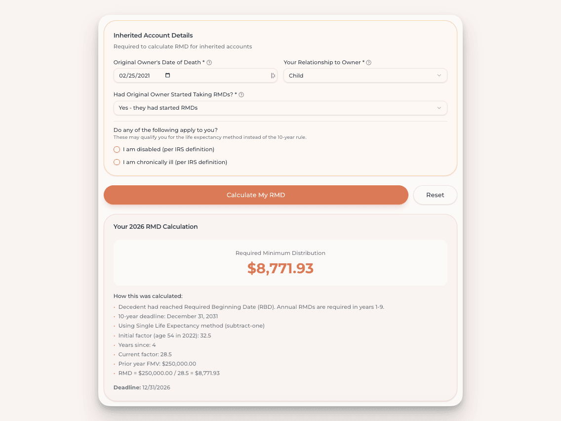 SimpleRMD inherited-IRA calculator showing a required minimum distribution result for a beneficiary account